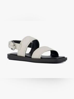 Aquatalia JONI White and Black Two-strap Leather flat Sandals NEW 7.5 7 1/2